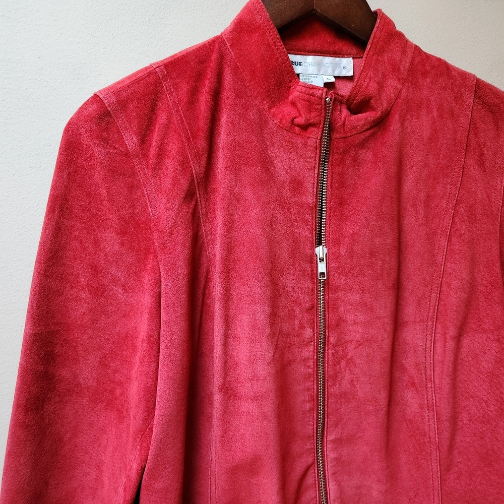 Red Suede Leather Zip Jacket Xl